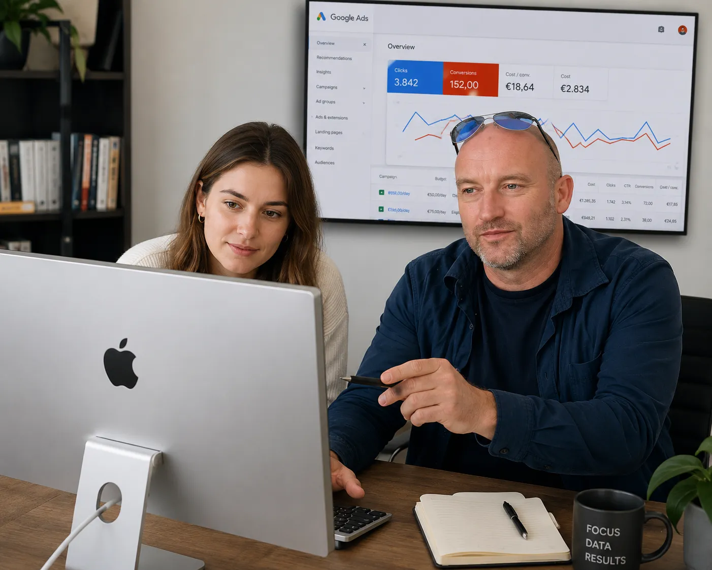 Webdesigner Antwerpen bekijkt Google Ads campagneresultaten met klant